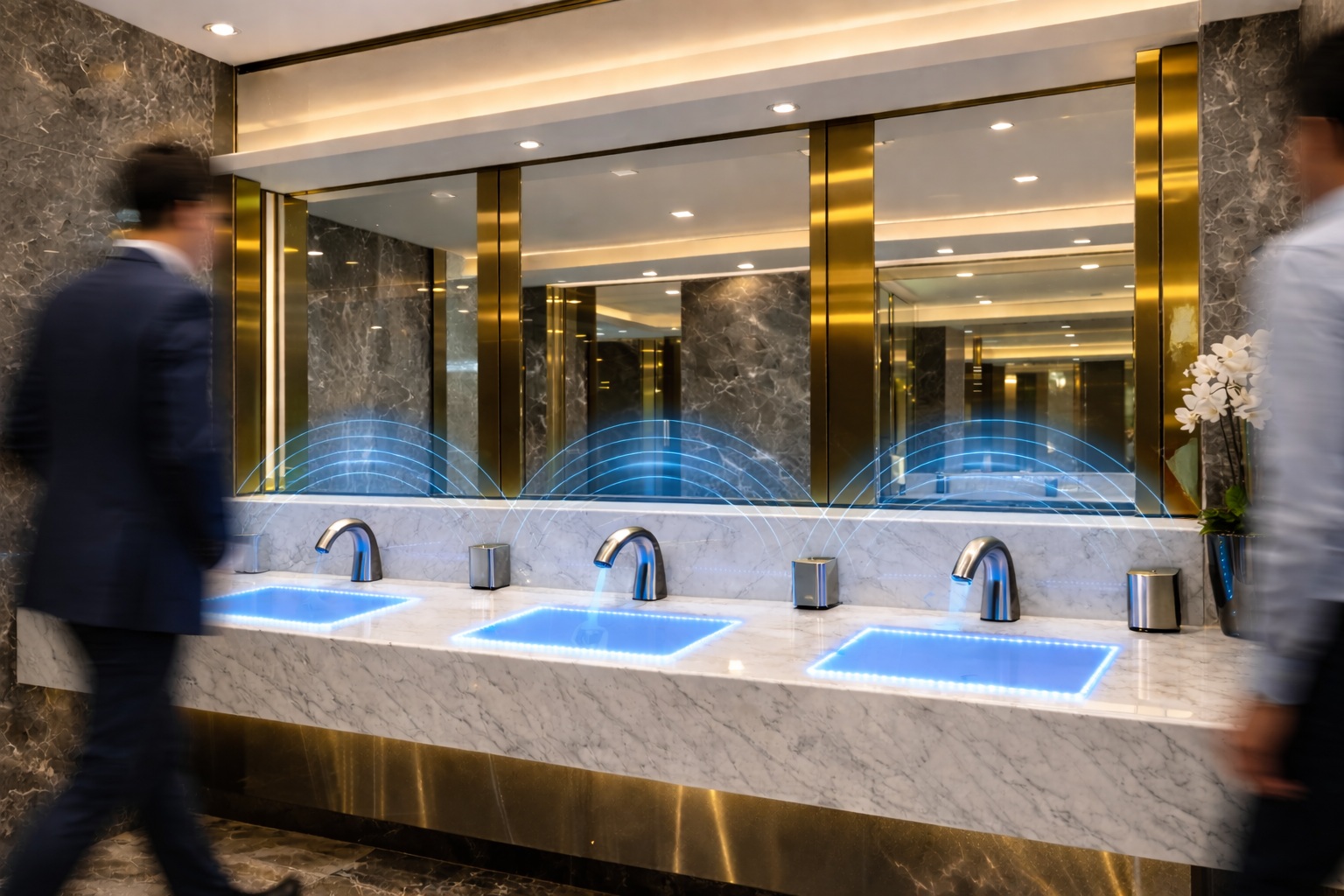 Radar sensing concept for touchless faucets in open vanity lines